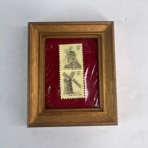 Vintage Ziegler Framed USA 15c Windmill Stamps Virginia Rhode Island Gold Frame